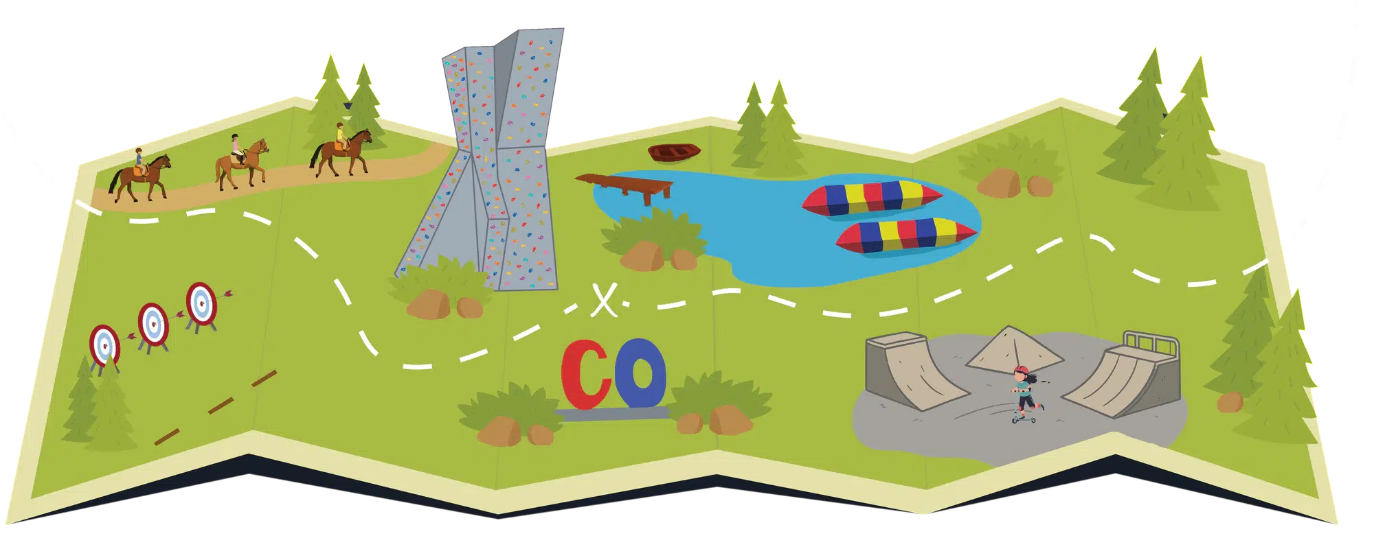 Illustrated camp map with horseback riding, a climbing tower, archery, a lake and a skate park